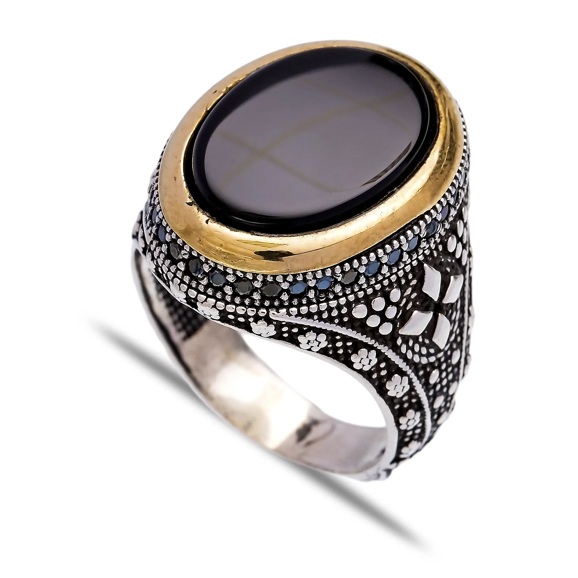 Oval Onyx Stone Tugra Design Ottoman Men's Ring Turkish Handmade Wholesale Authentic Silver Men Ring