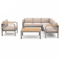 Ensemble de canapés d'angle en aluminium et teck avec coussins épais lavables, table basse, mobilier de patio résistant aux intempéries pour balcon