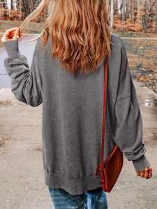 Gris surdimensionné fente ourlet sweat femmes coton lourd polaire col rond pull palangre goutte épaule Logo personnalisé Streetwear - Product Image 2