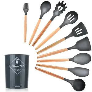 Set peralatan dapur, Spatula, Sendok, sikat, kocokan, pegangan kayu, peralatan memasak silikon