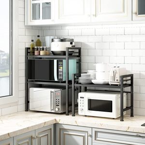 2-Tier Black Adjustable Modern Iron <strong>Kitchen</strong> Organizer Rack Microwave Shelf Standing Type for Pot Utensils Dinnerware Made Metal - Product Image 5