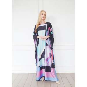 Women Abstract Multicolor Print Kaftan Maxi <b>Dress</b> <b>Loose</b> Fit Floor-Length Natural Waist Elegant Eco-Friendly Resort Evening Wear - Product Image 2