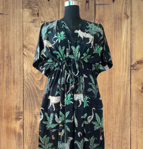 Kaftán Largo de Algodón Puro para Mujer, Cuello en V, Estampado de Jungla Negro, Ropa de Dormir Transpirable para Uso Durante Todo el Año, Verano e Invierno - Product Image 1