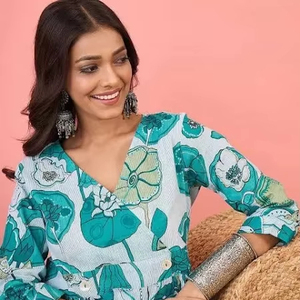 Brde ชุดเดรสยาวผ้าฝ้ายงานแฮนด์เมดสไตล์อินเดียชุดสำหรับงานแต่งงานฮันนีมูนพิมพ์ลายดอกไม้ชุดของขวัญฤดูร้อน - Product Image 1