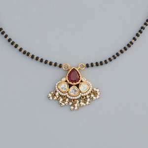 Vintage Kundan Mangalsutra 173018 Wedding Jewelry <b>Ruby</b> Diamond Pearl Beaded Chains Water Drop Number Shape Religious Made Brass - Product Image 1