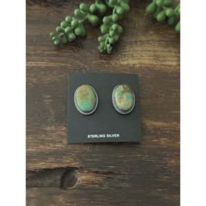 Larry Kaye Kingman Turquoise & Sterling <b>Silver</b> <b>Stud</b> Earrings Bezel Setting Post Earrings - Product Image 1