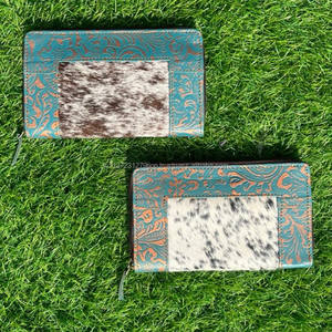 ขายร้อนแกะสลักกระเป๋าสตางค์คลัทช์เคสโทรศัพท์สไตล์ Cowhide หนังออกแบบใหม่สีเทอร์ควอยซ์กระเป๋าสตางค์หนังตะวันตก - Product Image 2