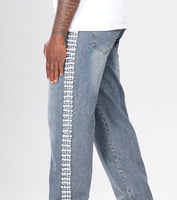 En gros Jean à taille haute pour homme, élégant, extensible, à carreaux, décontracté, coupe évasée, effet vieilli, orné de perles, à fentes, style vintage