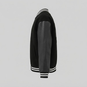 แจ็คเก็ตบอมเบอร์สีดำพรีเมียม แขนหนังแท้ เสื้อโค้ทบอมเบอร์แบบ Letterman สั่งทำพิเศษ กระดุมแป๊กด้านหน้า คอเสื้อแบบริบ - Product Image 3