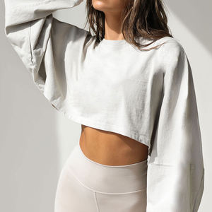 Camiseta corta informal sólida para mujer, sudadera de manga larga con cuello redondo y corte holgado de talla grande al por mayor - Product Image 3