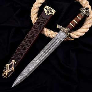 Hand Forged Damascus <b>Steel</b> Viking Sword with Carved Wooden Scabbard Medieval Norse Style Warrior Blade Wholesale Prices OEM - Product Image 1