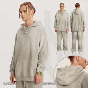 Conjunto de pantalones de chándal y Sudadera con capucha a la moda para hombre, ropa de calle de lavado ácido, 100% algodón, 350G, jersey de peso pesado, chándal - Product Image 3