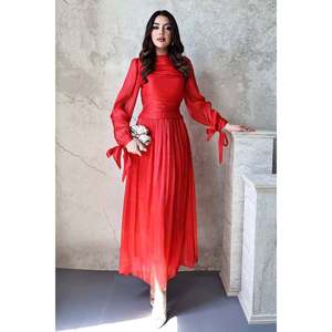 <b>Red</b> Dress with Gathered Detail and <b>Belted</b> Cuff - <b>Red</b> - Product Image 1