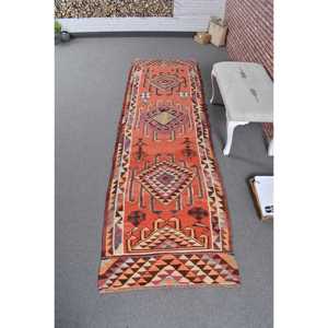 2.8x10 ft Vintage Rug, Turkish <b>Runner</b> Rug, <b>Red</b> Brown Persian Rug - Product Image 1