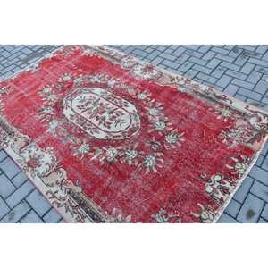 พรมขนาด 5.2x7.9 ฟุต, พรมวินเทจตุรกี, พรมลายอิคัตสีแดง - Product Image 4