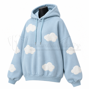Women's Light Blue Hoodie With White <b>Cloud</b> Applique Casual Oversized Sweatshirt Autumn Knitted Cotton Pullover - Product Image 3
