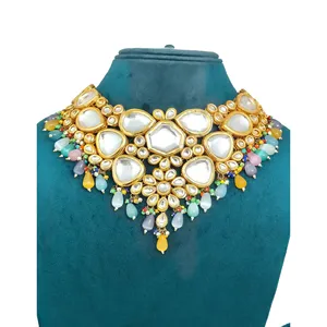 Conjunto de collar victoriano chapado en oro de 24 quilates con Kundan multicolor y Maang Tikka para bodas, joyería nupcial fina. - Product Image 3