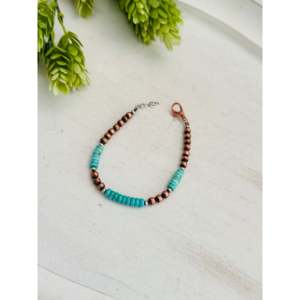 Navajo Beaded <b>Bracelet</b> with Kingman Turquoise & <b>Copper</b> Pearls Trendy Religious Ball Pattern for Parties or Gifts - Product Image 3
