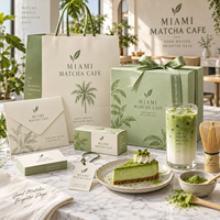 Ensemble d'emballages personnalisés AT PACK pour matcha avec boîte cadeau et sac en papier imprimés du logo pour les cafés de matcha, les salons de thé et les marques de boissons