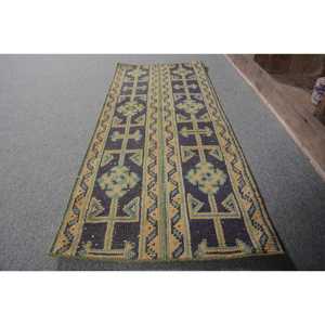 Tapis turc vintage traditionnel vert jaune Patchwork 1.5 X 3.7ft laine tissage plat salon tapis Aubusson Technique Latex - Product Image 2