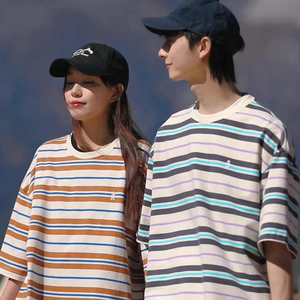 Personnalisé de haute qualité été Vintage contraste rayé hommes T-shirt lâche mince brodé Couple à manches courtes - Product Image 2