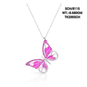 Hadiah natal batu permata kupu-kupu Enamel merah muda liontin perak Solid 925 "rantai gaya Modern kalung pengiring pengantin perak