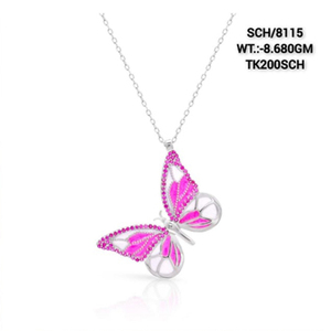 Collier de demoiselle d'honneur en argent massif 925 de style moderne avec chaîne de 18 "et pierre précieuse papillon en émail rose cadeau de Noël pour les mariages - Product Image 1