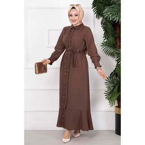 Longue modeste robe brune à volants détail lin Vintage imprimé motif décontracté formel manches bouffantes Maxi longueur été hiver utilisation dos - Product Image 5