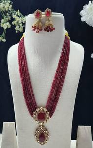 Collar y pendientes de perlas artificiales Polki, 5 filas, joyería artificial para mujer - Product Image 6