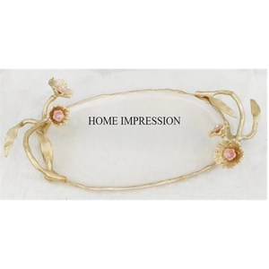 Bandeja de servicio de metal de calidad superior recubierta de polvo de color blanco con mango de diseño de hojas de color chapado en oro y negro - Product Image 5