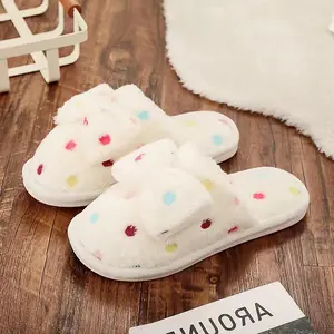 Autumn And Winter New Stuffed Rainbow Point Bow Cotton Drag Lovely Warm Thick Soled Non-slip Cotton Slippers For Women