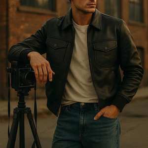 Chaqueta de Cuero Vacuno Estilo Vintage para Hombre, Acabado Desgastado, Impermeable, con Logotipo Frontal, Producción en Masa de Fábrica - Product Image 5