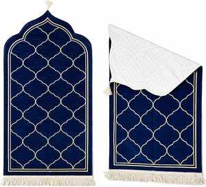 Tapis de prière islamique de luxe en coton, motif marbré bleu foncé, poils moyens, antidérapant, lavable, vente en gros - Product Image 2