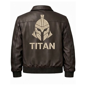 Chaqueta Varsity Unisex de Cuero Marrón Personalizada con Bordado Titan, Estilo Retro de Lujo, Ecológica y Transpirable con Frente de Lona - Product Image 3