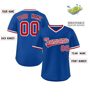 Custom sublimated baseball jersey royal <b>blue</b> with <b>red</b> <b>white</b> trim personalized team uniform breathable v neck short sleeve <b>shirt</b> - Product Image 2