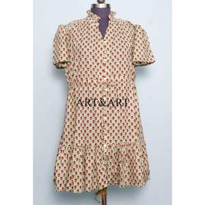 Nouvelle Collection Robe Courte Lavable Style Doux pour Femme, Imprimée à la Main, pour Mariage et Soirée, Taille Naturelle, en Coton - Product Image 1