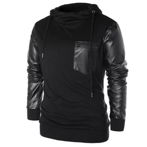 Sudadera con capucha de invierno de talla grande transpirable de última moda con mangas de cuero y bolsillo en el pecho 100% algodón negro color en blanco - Product Image 1