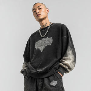 เสื้อสเวตเชิ้ตสไตล์วินเทจสำหรับผู้ชาย ลุคทำเก่า ซักหิน ปักลายเพชร พิมพ์นูน ผ้าฟลีซคอตตอน ย้อมสีแบบแอซิด ป้าย OEM แบบสวมหัว - Product Image 3