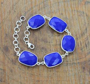Pulsera Ajustable de Plata de Ley 925 con Zafiro Azul Tallado, Joyería de Piedras Preciosas Hecha a Mano para Mujer - Product Image 1