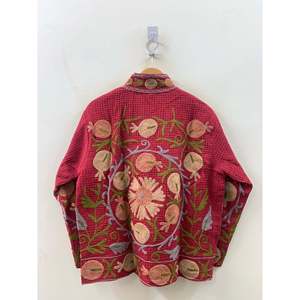 Crimson Suzani-Peach Edition Hand-Embroidered Waffle Cotton Eco-Friendly <b>Jacket</b> Reversible Quilted Stylish Boho Outerwear <b>Spring</b> - Product Image 3