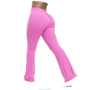 Logo personnalisé taille haute jambe large V dos forme Yoga pantalon de sport grande taille bout à bout pantalon évasé motif solide Leggings pour femmes - Product Image 5