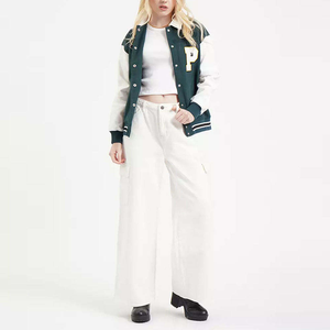 Custom Dark Green White Plaid Canvas Women's Varsity <b>Jacket</b> Windproof Eco-Friendly College Style Streetwear Outerwear - Product Image 5