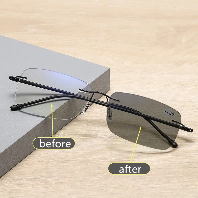 แว่นสายตายาวโปรเกรสซีฟไทเทเนียมสำหรับผู้ชายแว่นตาอ่านหนังสือไร้ขอบสีฟ้า