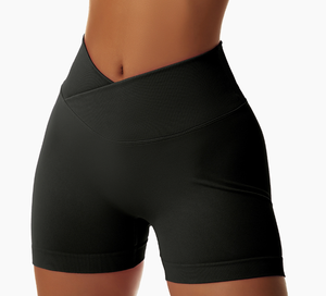 Short d'entraînement d'été pour femmes vêtements athlétiques bouton avant croix taille côtelée sans couture Scrunch bout à bout Nylon Spandex Yoga Shorts - Product Image 4