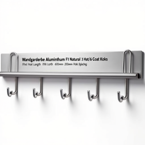 Wandgarderobe Aluminum F1 Natural 3 Hat/6 Coat <b>Hooks</b> 600mm Length 200mm <b>Hook</b> Spacing - Product Image 2