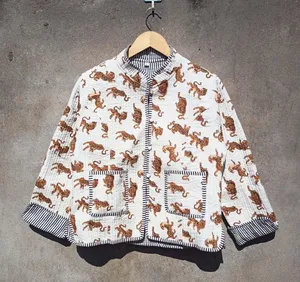 Animal Print <b>Jacket</b> Womens Boho <b>Quilted</b> Cotton Coat Handmade Reversible <b>Quilted</b> <b>Jacket</b> Lightweight Block Print Outerwear Gift - Product Image 1