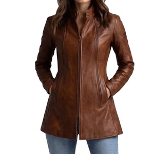 <b>brown</b> distressed genuine <b>leather</b> stand collar <b>jacket</b> with a tailored fit - Product Image 1
