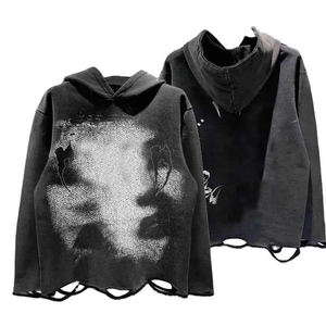 Style antique Offre Spéciale impression personnalisée sweats pulls surdimensionnés lavage à l'acide déchiré en détresse ourlet brut sweats à capuche pour hommes - Product Image 5