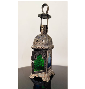 Vintage Embossed Moroccan Nickel <b>Silver</b> Handmade <b>Lantern</b> Colored Glass Handmade Coustmized Moroccan <b>Lantern</b> - Product Image 2