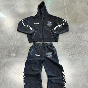 Conjunto Deportivo Vintage para Hombre, Pantalones Deportivos Acampanados y Sudadera con Capucha, Lavado Ácido Negro, Estilo Desgastado, Cierre Completo - Product Image 1